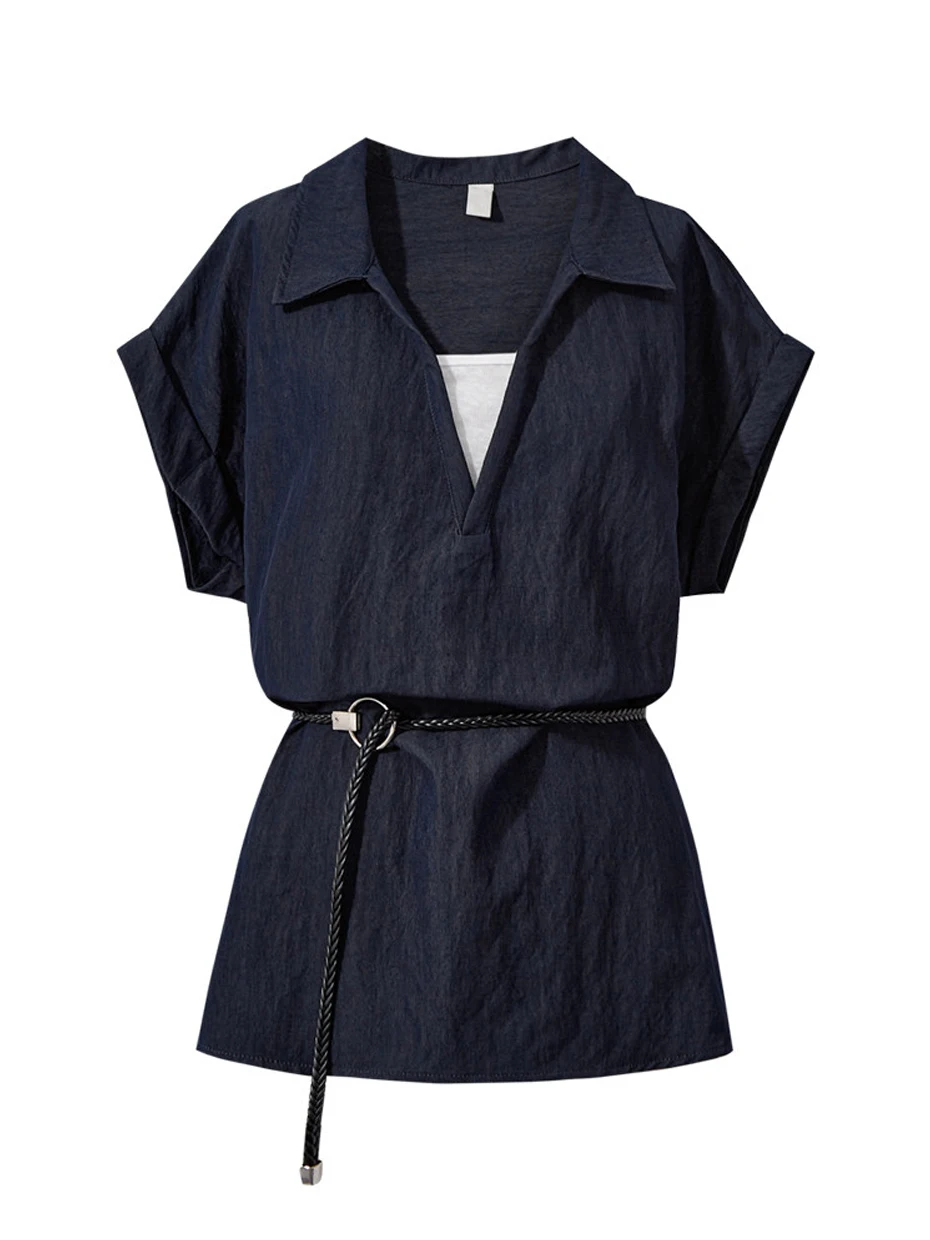 

Летняя новинка: джинсовая рубашка с коротким рукавом для женщин, свободный крой, с эффектом утяжки на талии, многослойная одежда, повседневный стиль