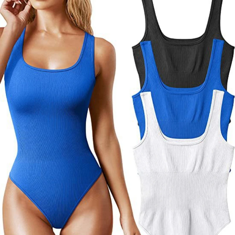 Solid Knit Ribbed Bodysuits Women Summer Outfit Spaghetti Strap Sleeveless Tanks Romper Womens Jumpsuit Beach Wear Body Feminino