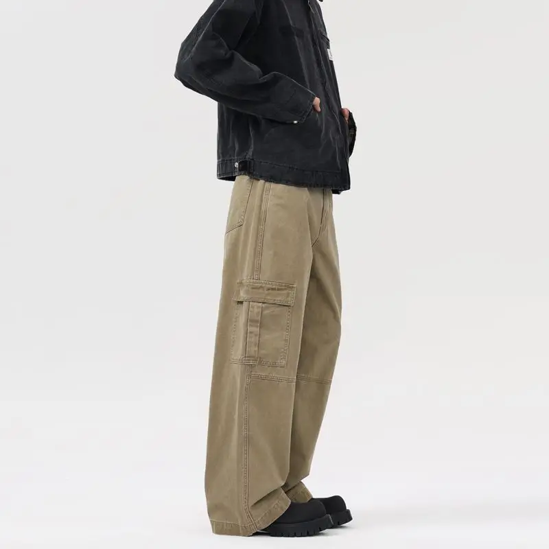 Khaki Pants For Men Pure Straight Leg Loosen Fit Baggy Cotton Pants Male's Fashion Cargo Trousers