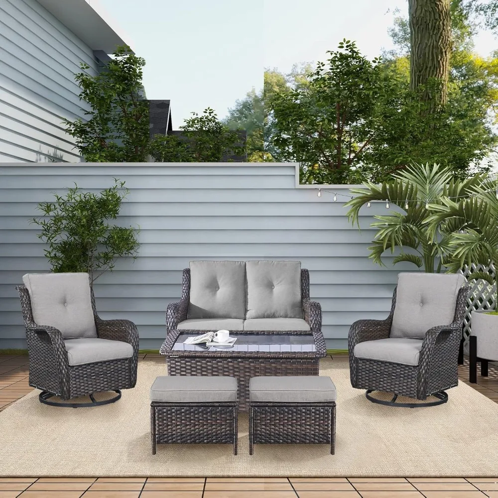 

Wicker Outdoor Furniture Patio Furniture Set - 6 Piece Patio Conversation Set with Swivel Rocker Chairs, Gray Cushion