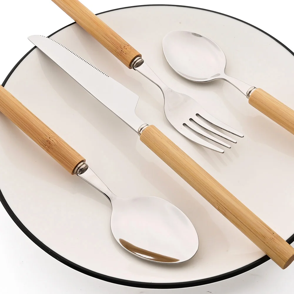 Vajilla de acero inoxidable con mango de madera, juego de cubiertos, cuchillo, tenedor, cuchara, vajilla de cena, cubiertos de cocina occidental, 14/5 Uds.