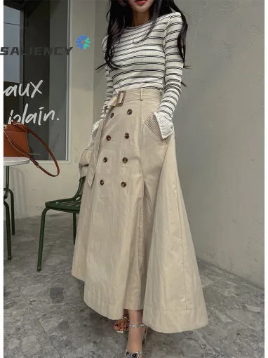 Saliency Double-breasted Long Skirt with Belted Women High Waist Length Skirt Elegant Clothes 2024