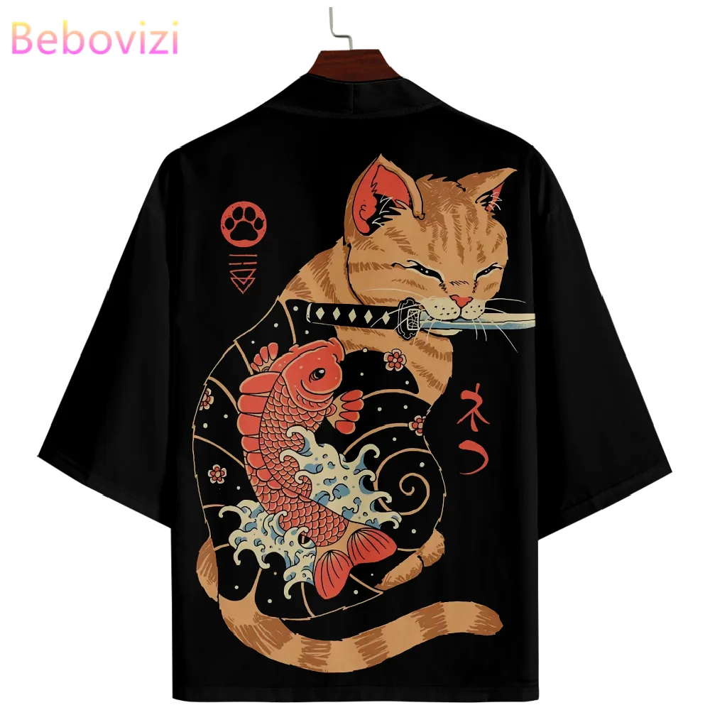 Ukiyo-e Tattooed Cat Samurai Print Cardigan Kimono Fashion Traditional Japanese Men Women Haori Shirt Streetwear Cosplay Tops