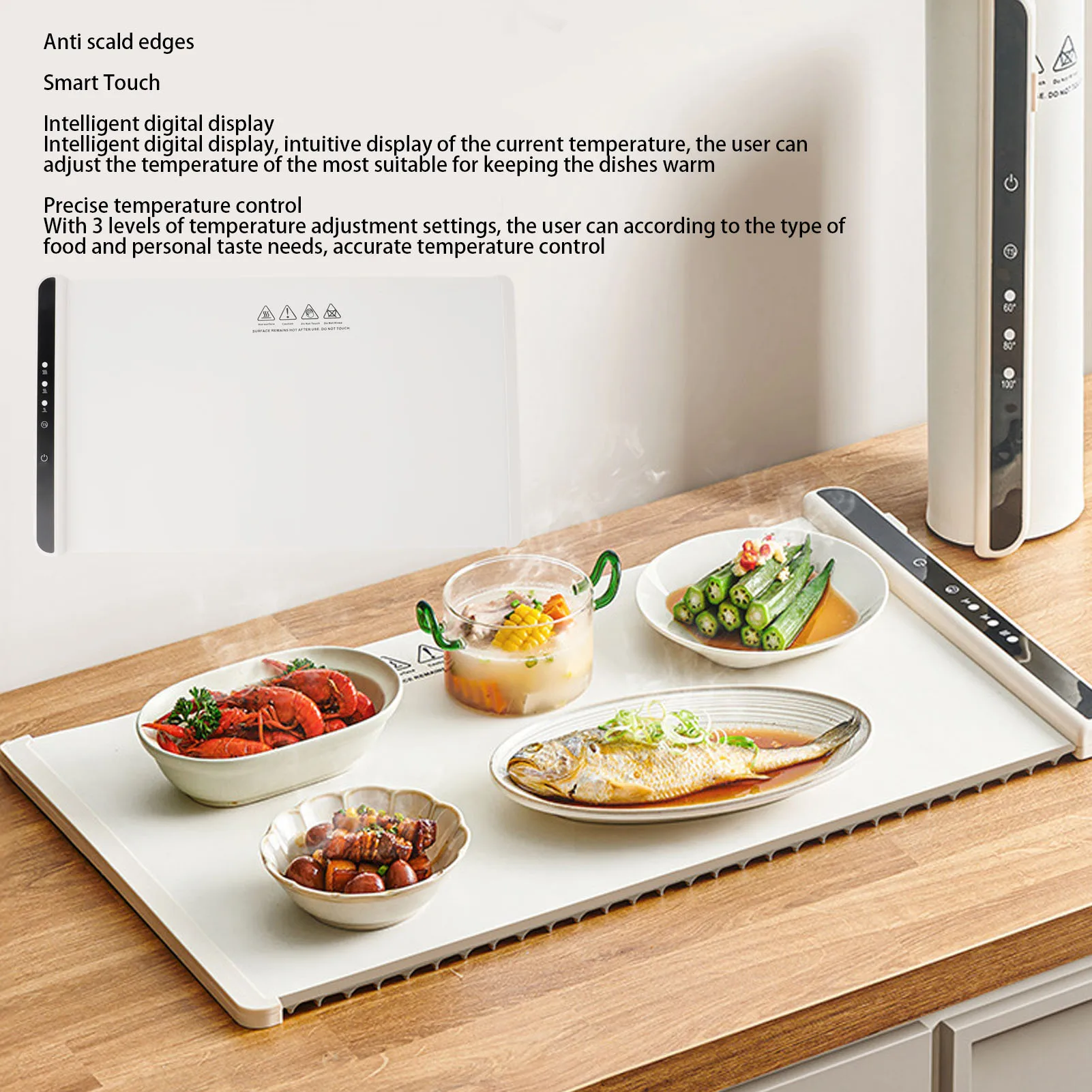 Electric Food Warmer Mat 10 Seconds Fast Heating with Digital Display 3 Temperature Levels Foldable Silicone Heating Tray