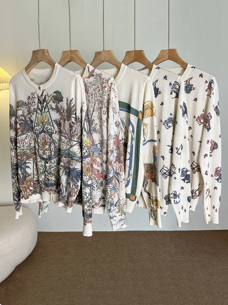 Print Graffiti Cardigan Women Long Sleeve Top Loose V-neck Sweater Spring Autumn Streetwear Knitted Female Cardigans B-047