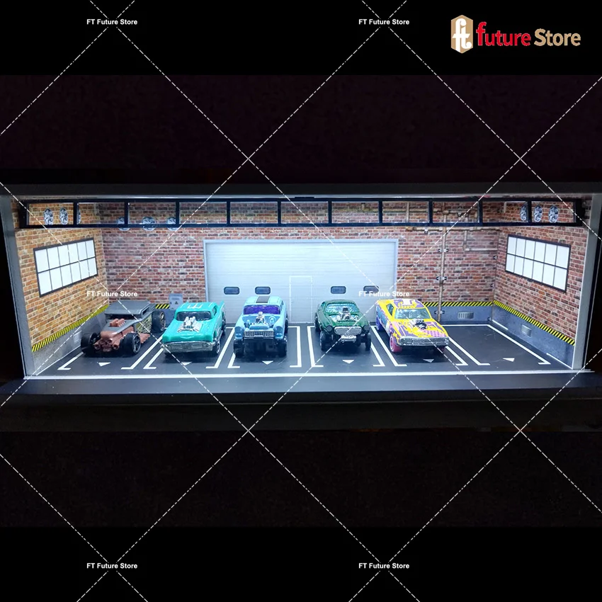 1/64 Garage Scene Model with Light Assembled Parking Lot Diorama Parking Place for Miniatures Cars Display