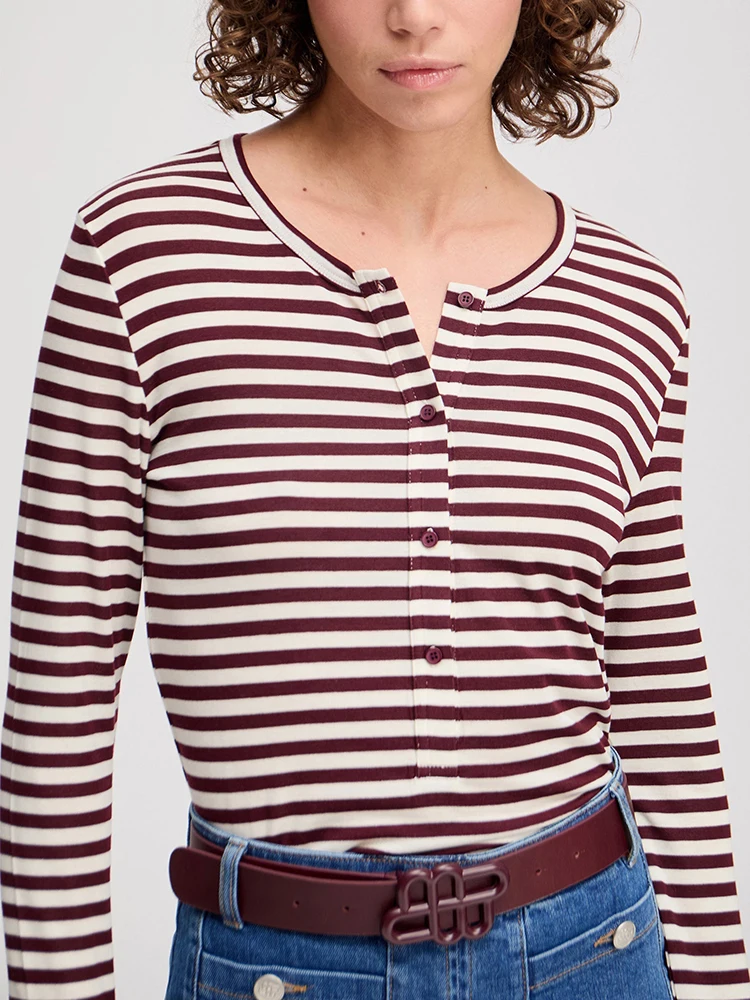 Oniflyme موضة سليم كم طويل تيز المرأة الخريف عادية مخطط الجولة الرقبة تي شيرت جديد خمر الشارع الشهير مثير زر القمم