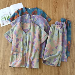 Summer Yarn-dyed Cotton Women's Pajamas Thin Short Sleeve Calf-Length Pants Loungewear V-Neck Cardigan Sleepwear Woman 2 Pieces