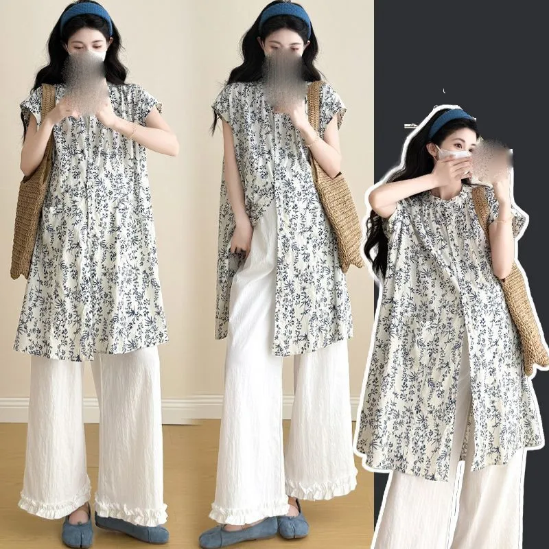 

Новый летний комплект для беременных 2026: свободная рубашка и брюки с принтом, 2 предмета, одежда для беременных LJ356