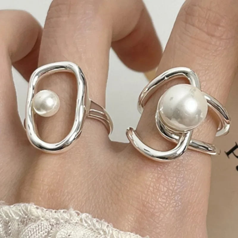 

PANJBJ 925 Sterling Silver Pearl Line Ring for Women Geometry Hollow Out Design Fashion Simple Jewelry Gift Dropshipping