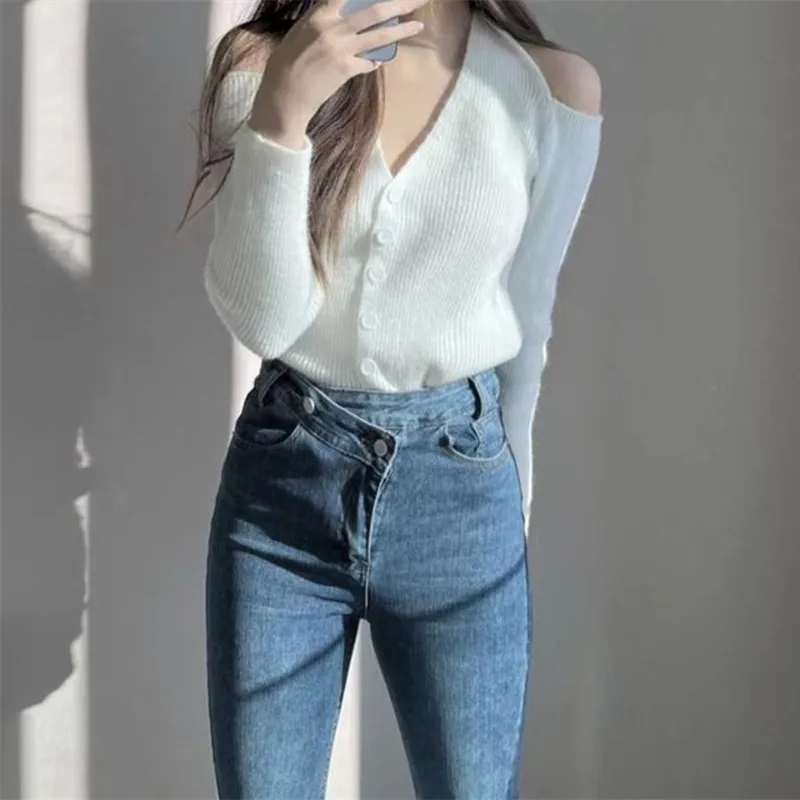 Women's long sleeve tops Elegant Halter V Neck Kint Sweater Women Vintage Slim Pullover Female Casual Long Sleeve Y2k Crop Tops