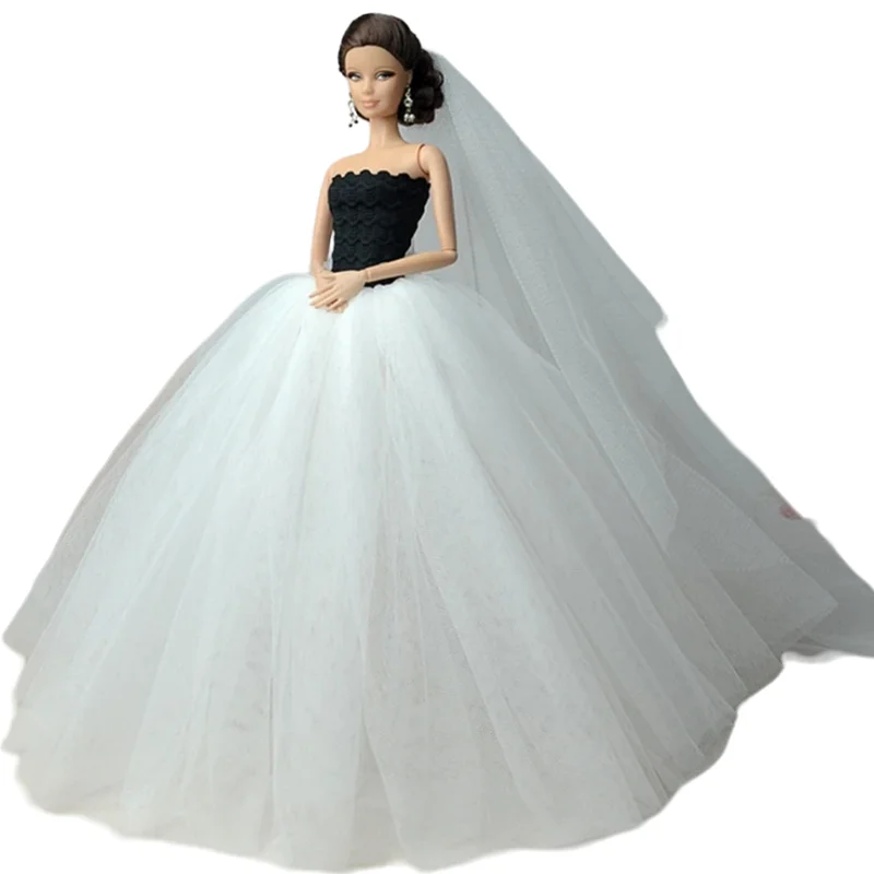 Doll Dresses Long Tail Evening Gown Wedding Dress +Veil for Barbie Doll Accessories