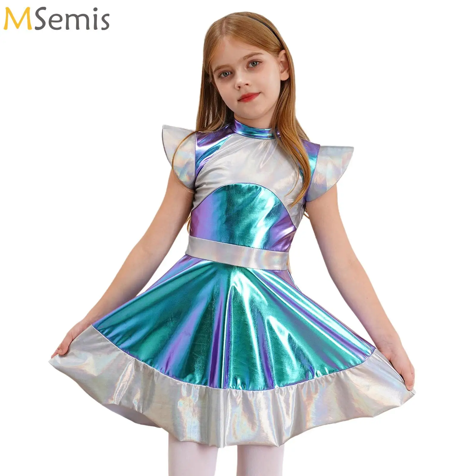 

Girls Astronaut Costume Shiny Alien Outerspace Halloween Cosplay Dress Cap Sleeve Glossy Tutu Dance Dress for Future World Party