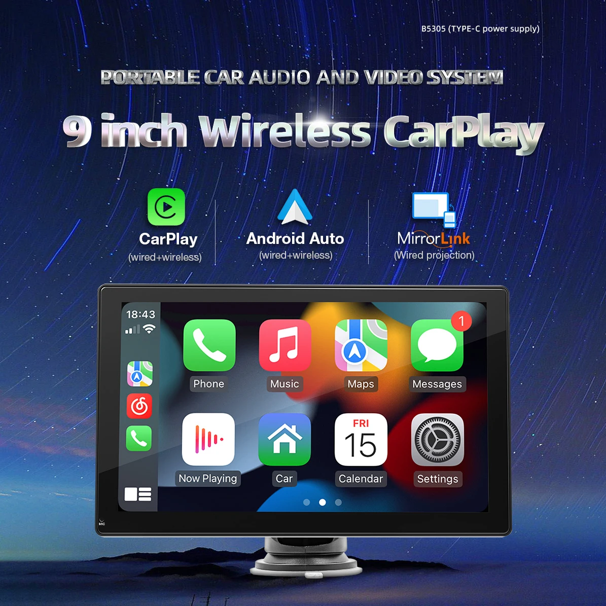 Écran de voiture IPS 9 pouces, lecteur multimédia, Carplay sans fil, Android Auto, Mirro Link, BT 5.0, radio FM, USB 2.0, type-c, Portable, universel