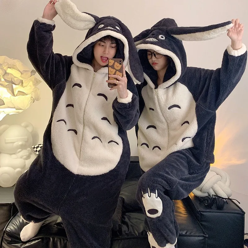 My Neighbor Totoro Winter Couple Matching Pajamas Thick Fluffy Plush Zipper Jumpsuit Cute Loungewear Warm Cozy Home Sleepwear