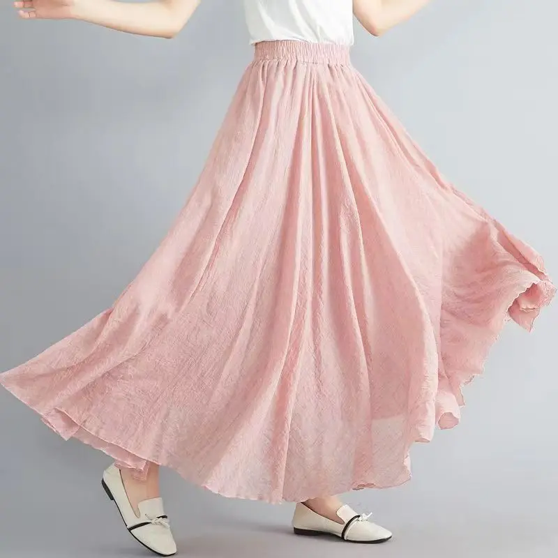 

High Quality Cotton Linen Maxi Skirt Womens Casual Elastic High Waist Pleated A-Line Beach Skirts Boho Saia Feminina Faldas Jupe