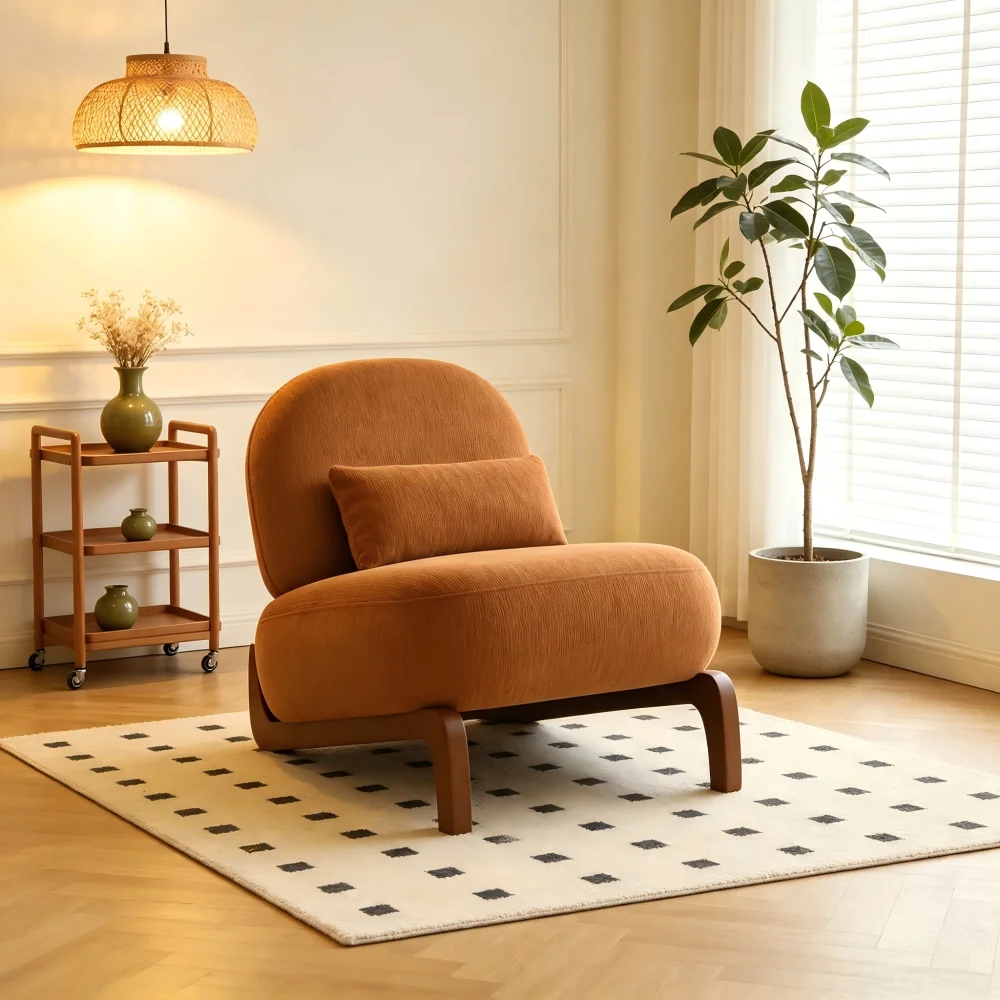 Poltrona decorativa di lusso, imbottita, senza braccioli, ideale per il tempo libero, con un ampio e morbido cuscino e robuste gambe in legno. Comoda poltrona singola per soggiorno, camera da letto o