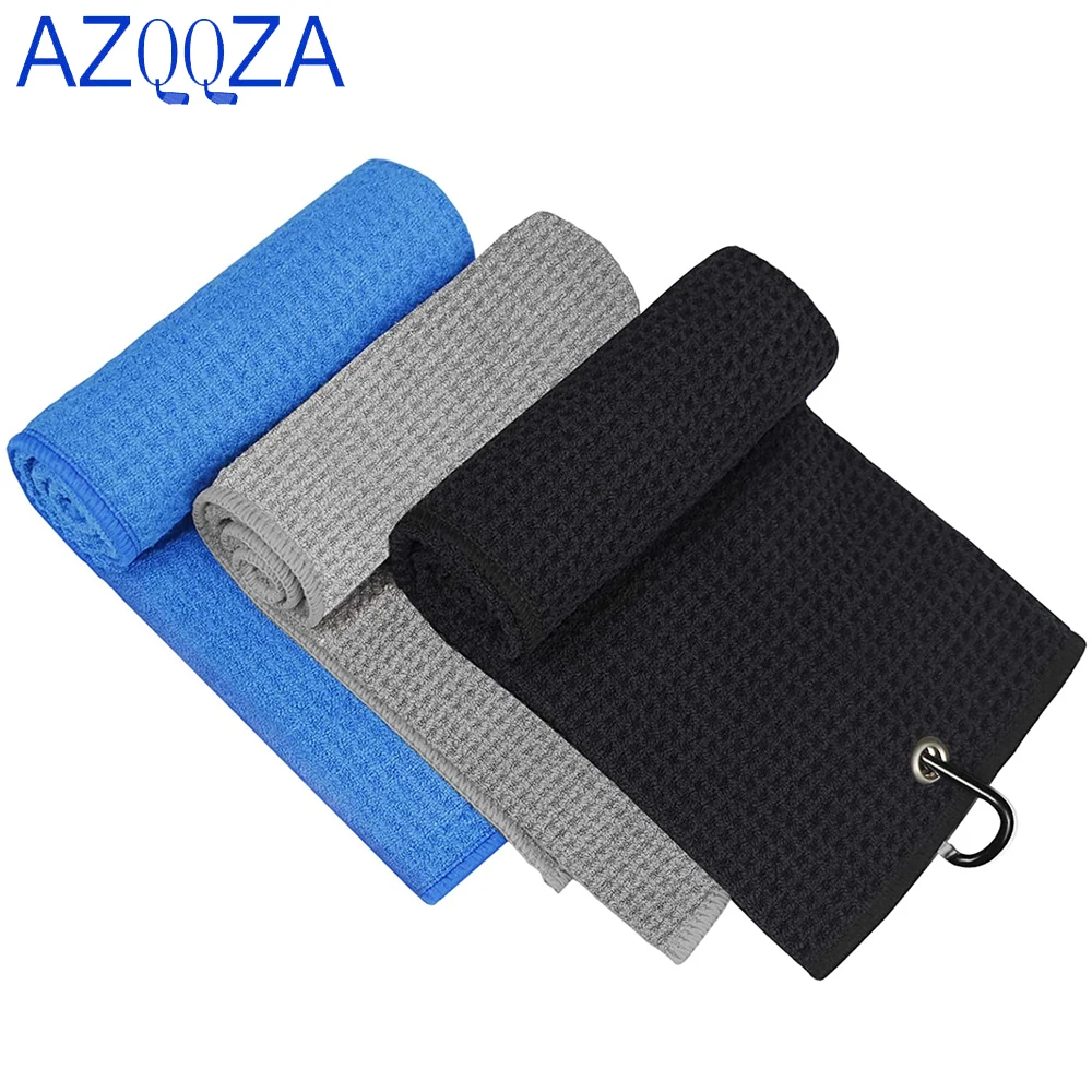 40x60CM Tri-fold Golf Towel,Golf Towel for Golf Bags with Clip, Waffle Pattern Golf Towel,Tri-fold Golf Towel,Blue,Black &Gray