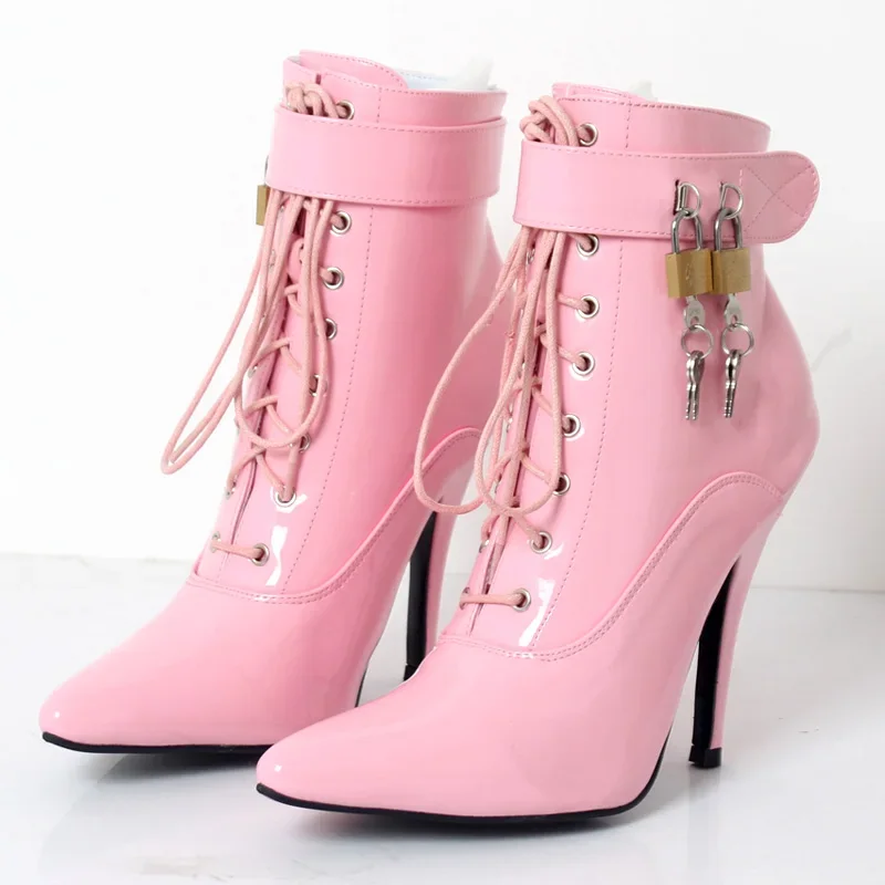 

New Women 12cm High heel sexy Fetish Cross-tied Pointed Toe Stiletto Buckle ankle Strap Boots with padlocks DWT TV CD