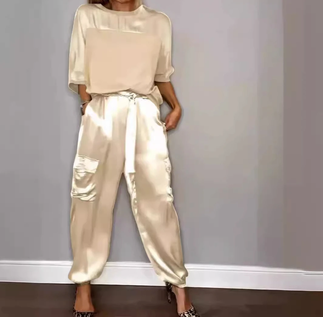 Elegant Pants 2 Piece Set Women Summer 2024 New Fashion Versatile Female Half Sleeved Upper Garment Suits for Female Streetwear