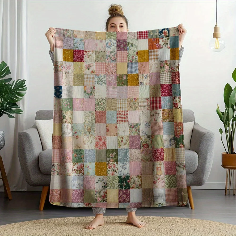 Vintage Plaid Floral Patchwork Throw Blanket Muted Multi‑Patch Quilt Art Print Soft Flannel for Kids Room Sofa Lap Cozy Rustic