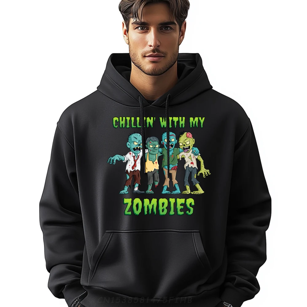 

Chillin With My Zombies Halloween Funny Mens Clothing Plus Size Long Sleeve Hoodie Men Japan Style