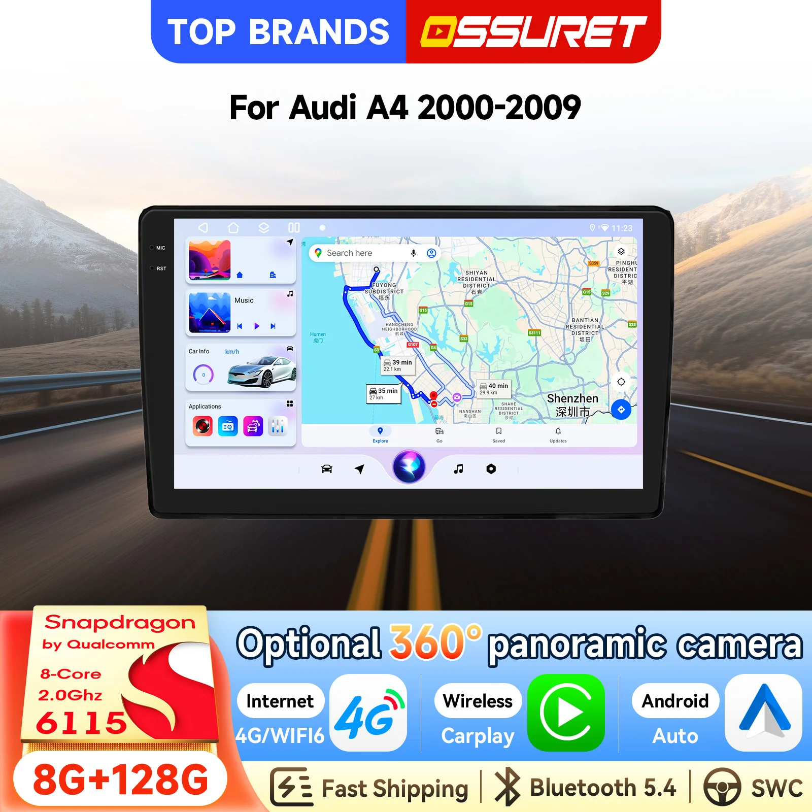 OSSURET Autoradio Android 14 2 Din 9 pouces pour Audi A4 2000-2009, CarPlay sans fil, Android Auto, navigation GPS, autoradio, stéréo de voiture, Bluetooth, mains libres, écran tactile, RDS, FM, SWC, prise en charge de la caméra de recul, commande vocale AI, option 360 °   Lecteur multimédia pour voiture