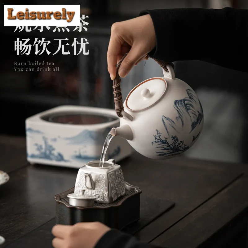 Retro Soda Glaze Ceramic Teapot Hand-painted Landscape Lifting Beam Pot Boiling Water Side Handle Kettle For Electric Stove