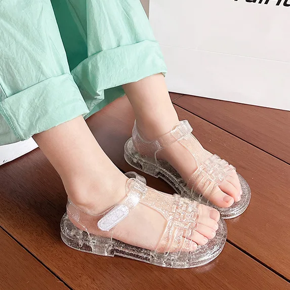 2026 New Girls Glitter Jelly PVC Sandals Toddler Little Kids Buckle Closure Retro Woven Cut-Out Summer Beach Shoes