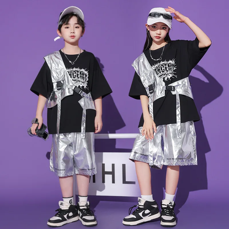 

Kid Kpop Hip Hop Clothing Silver One Shoulder Vest Black T Shirt Top Casual Shorts for Girls Boys Jazz Dance Costumes Clothes