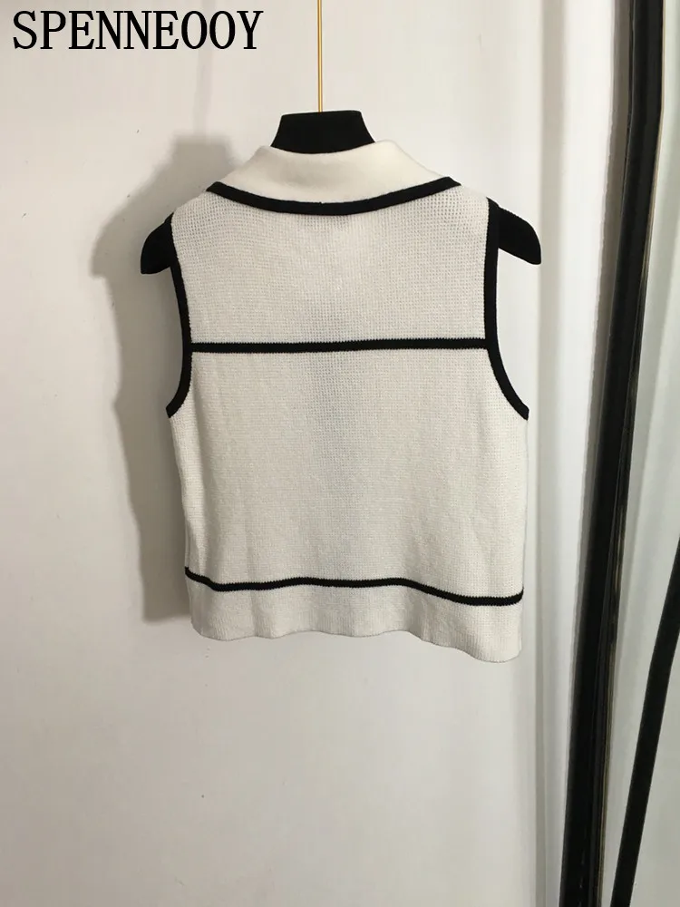 SPENNEOOY Fashion Runway Spring Summer White Knitting Cardigan Women Turn-down Collar Pocket Sleeveless Straight Barrel Sweaters