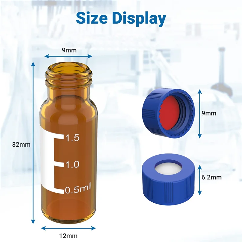Упаковка из 100 флаконов Autosampler на 2 мл — флаконы HPLC, янтарные флаконы 9–425 с синими завинчивающимися крышками, красный, белый цвет Septa