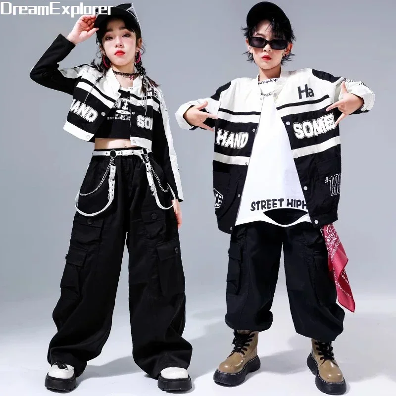 

Hip Hop Girls Motorcycle Sport Cropped Jacket Cargo Pants Boys Street Dance Coat Clothes Sets Kids Streetwear Child Jazz Costume