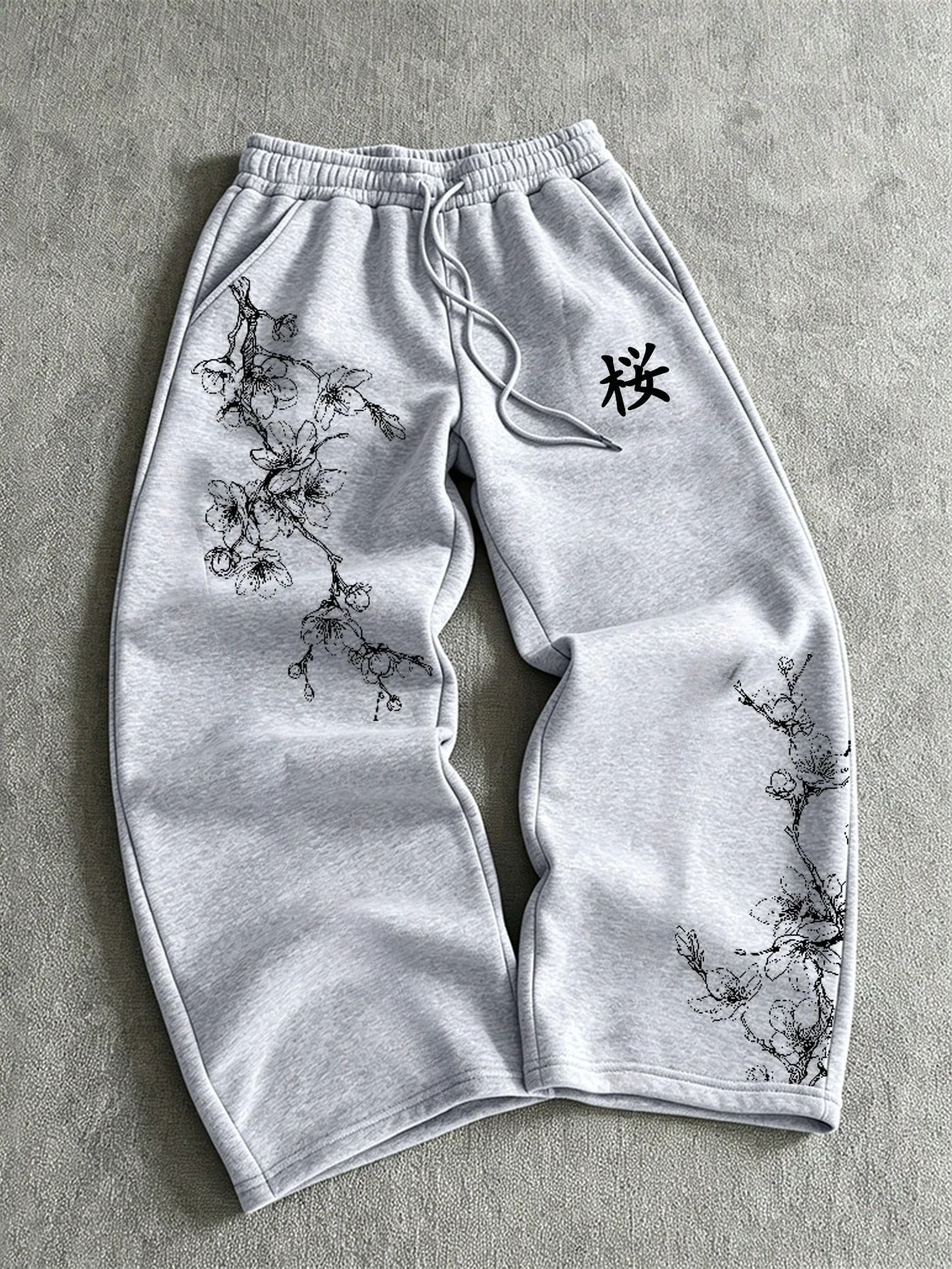 Graue Sommer-Sweatpants für Herren mit Kirschblütenmuster und japanischem Print, Kordelzug, locker geschnitten, Street-Style Y2K – Detail 5