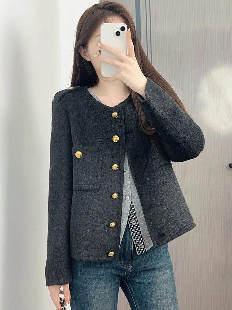 

Женское короткое шерстяное пальто с круглым вырезом, двустороннее, осенне-зимнее, новое, модное, рабочая одежда, маленький размер, без кроличьего меха (0%), из натуральной шерсти.