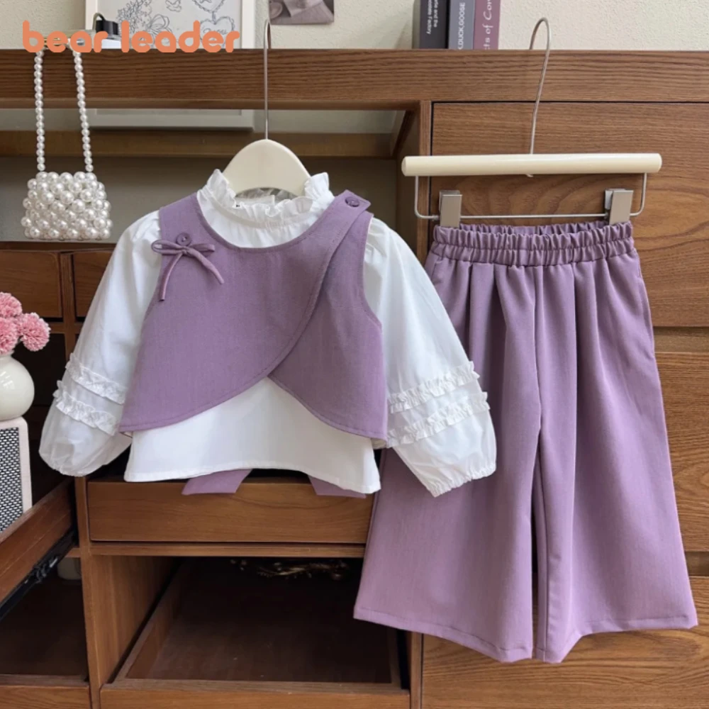

Bear Leader Purple Girls Clothes Autumn Long Sleeved White Shirt+Vest+Pants Fashion Korean Version Plain Casual Children's Sets