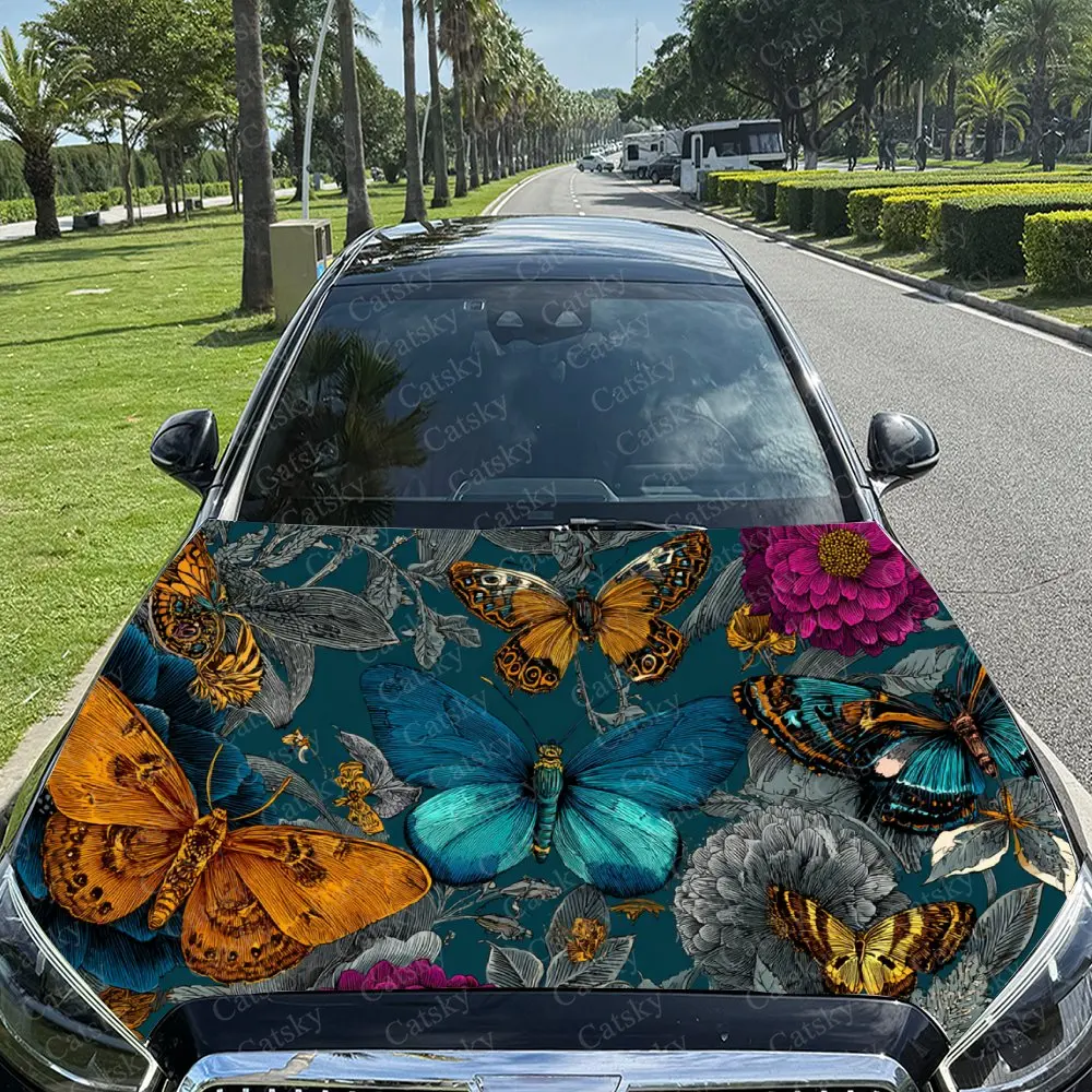 Car Decal Butterflies with Colorful Textural Artistic Fusion Design, Creating a Mysterious and Dynamic Visual Car Hood Sticker,