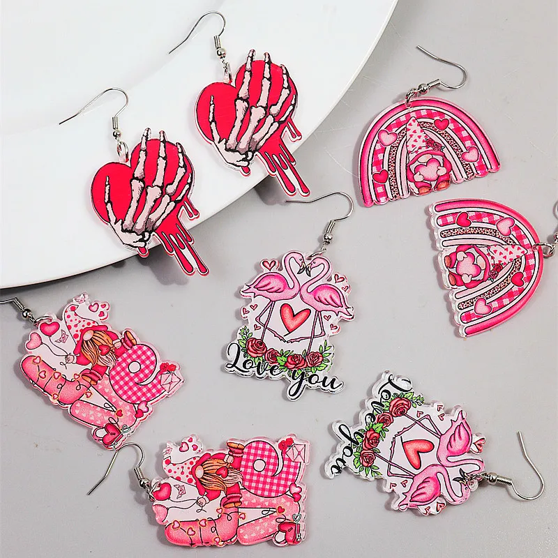 Valentine's Day Pink Acrylic Love Heart Dwarf Drop Earrings for Women Girls Flamingo Arch Bridge Pendant Earrings Jewelry Gifts