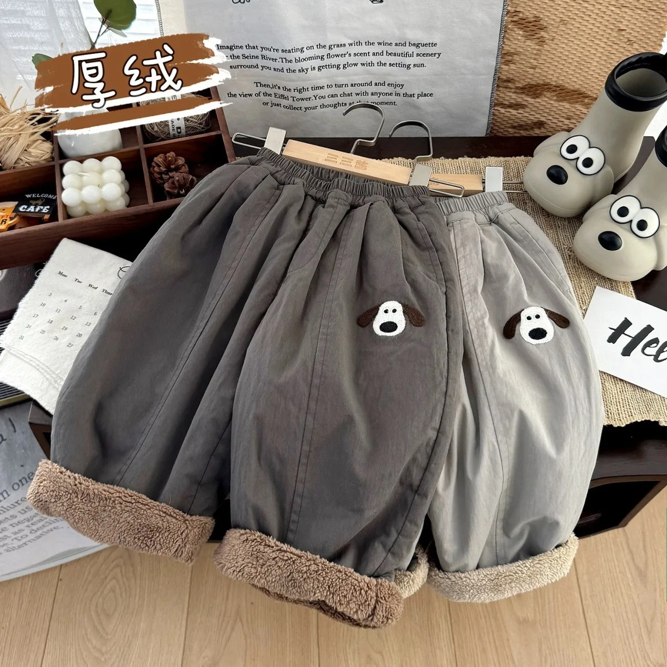 2026 Winter Girls Boys Cute Cartoon Dog Thick Warm Fleece Pants Kids Children Casual Trousers Two Colors