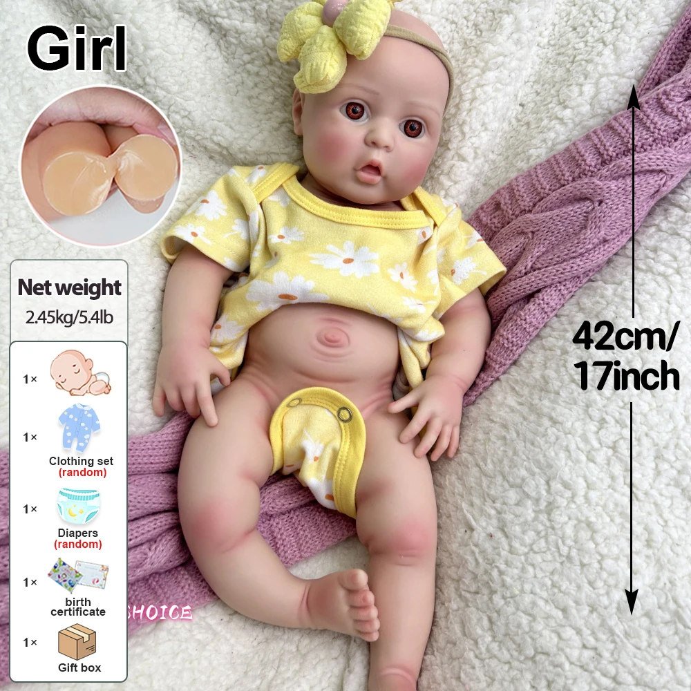 17 pouces jolie fille pleine platine silicone renaît bébé toucher doux pondéré poupée réaliste 3D peau bébé pour cadeau de Noël