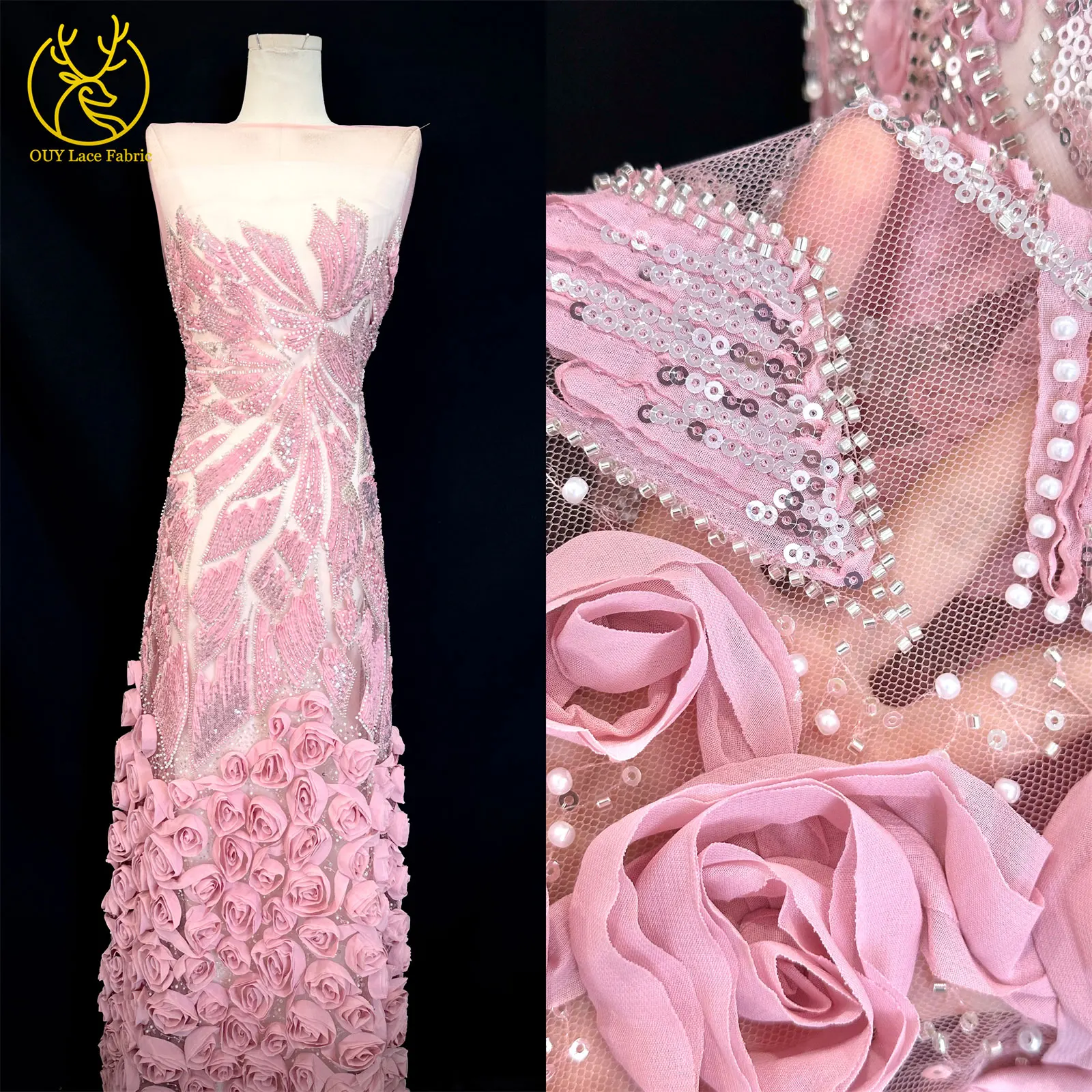 Rosa 3D Mode-Mesh-Tüll-Spitzenstoff 2026 Nigerianischer Perlen-Pailletten-Spitzenstoff für Damen Hochzeits- und Abendkleider zum Nähen 5 Yards – Detail 10