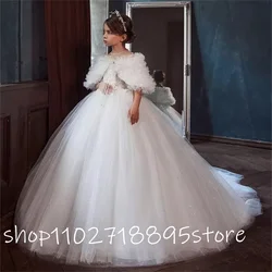 Flower Girls Dresses WhiteTwo Pieces Lace with Shawl Floor Length First Communion Kids Princess Gowns