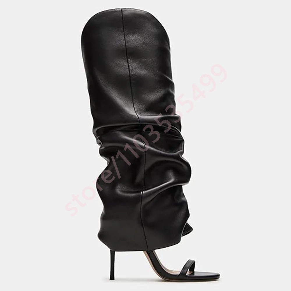 أحذية نسائية عصرية مفتوحة من الأمام بطيات لخريف 2025 نمط Ins جديد نموذج أنيق بكعب ستيليتو بلون سادة أحذية غير رسمية للركبة