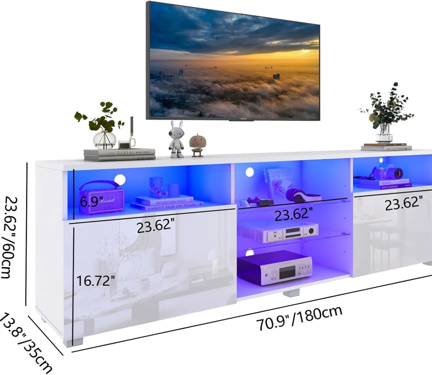 LED-TV-Ständer, modernes, hochglänzendes Entertainment-Center-TV-Regal mit Aufbewahrungsschrank und doppelten Scheunentüren, 57/65/71/81/87 Zoll