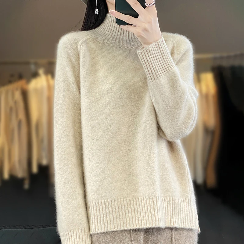Herfst En Winter Nieuwe 100% Zuivere Wollen Trui Gebreide Dieptepunt Shirt Vrouwen Halfhoge Kraag Kasjmier Trui Losse top