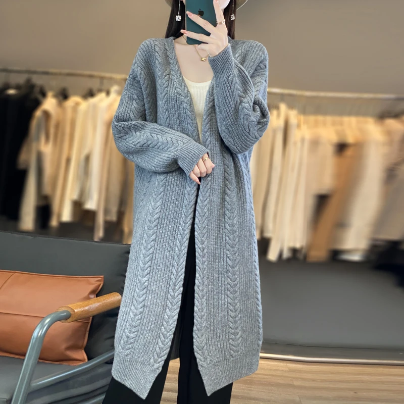 High Quality Women Long Cardigan Autumn Winter Wool Sweater Coat Thick Grace Casual Loose 100% Merino Wool Knitwear Overcoat