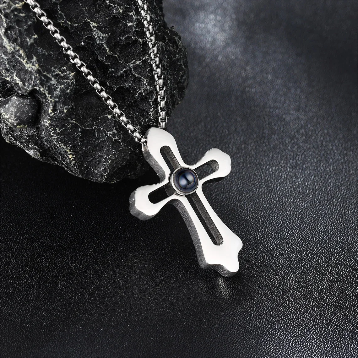 Personalized Custom Cross Prayer Projection Photo Necklaces For Men Custom Picture Pendant Necklace Anniversary Memorial Jewelry