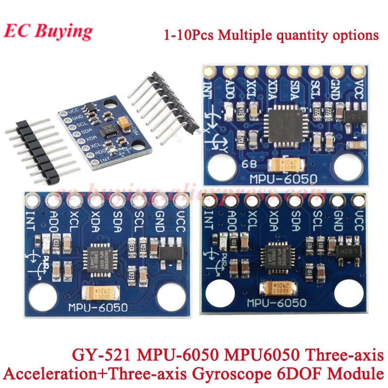1-10Pcs GY-521 MPU-6050 MPU6050 3-axis Analog Gyroscope+three Accelerometer 6DOF Sensor Module IIC I2C SPI For Arduino DC 3V-5V