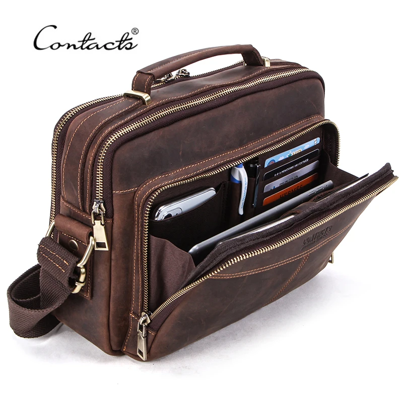 CONTACT'S Crazy Horse skórzana męska torba Vintage męska torba typu Crossbody torebki o dużej pojemności męskie torby na ramię Bolsos