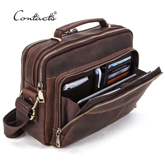 CONTACT'S Crazy Horse skórzana męska torba Vintage męska torba typu Crossbody torebki o dużej pojemności męskie torby na ramię Bolsos